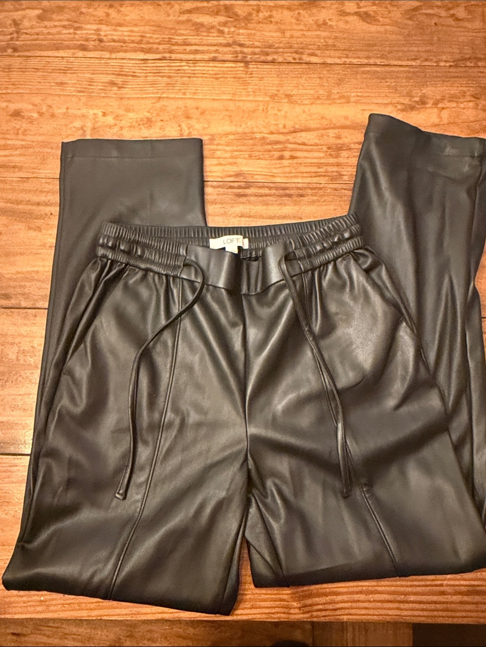 LOFT Black Faux Leather Jogger Pants with Drawstring Waist
